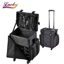 2 in 1 Soft Sided Professional Rolling Trolley Makeup Artist Cosmetic Bag With Removable Wheels Black Nylon